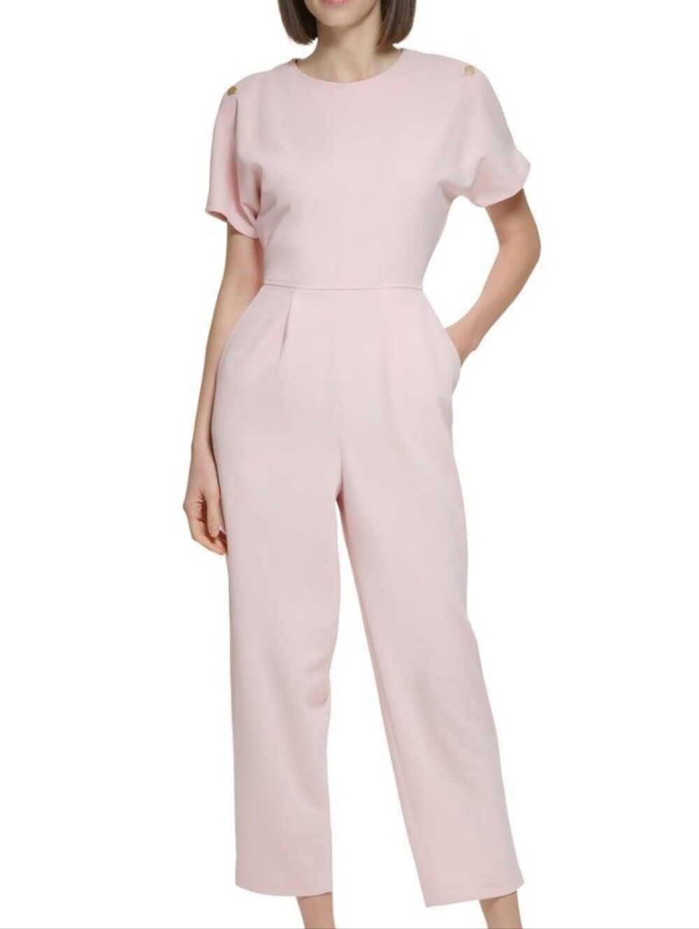 Calvin Klein Elegant Jumpsuit Petal Pink Crepe Split Sleeve Romper Size 12